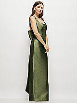 Side View Thumbnail - Olive Green Scoop Neck Corset Satin Maxi Dress with Floor-Length Bow Tails