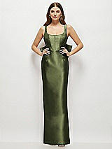 Rear View Thumbnail - Olive Green Scoop Neck Corset Satin Maxi Dress with Floor-Length Bow Tails