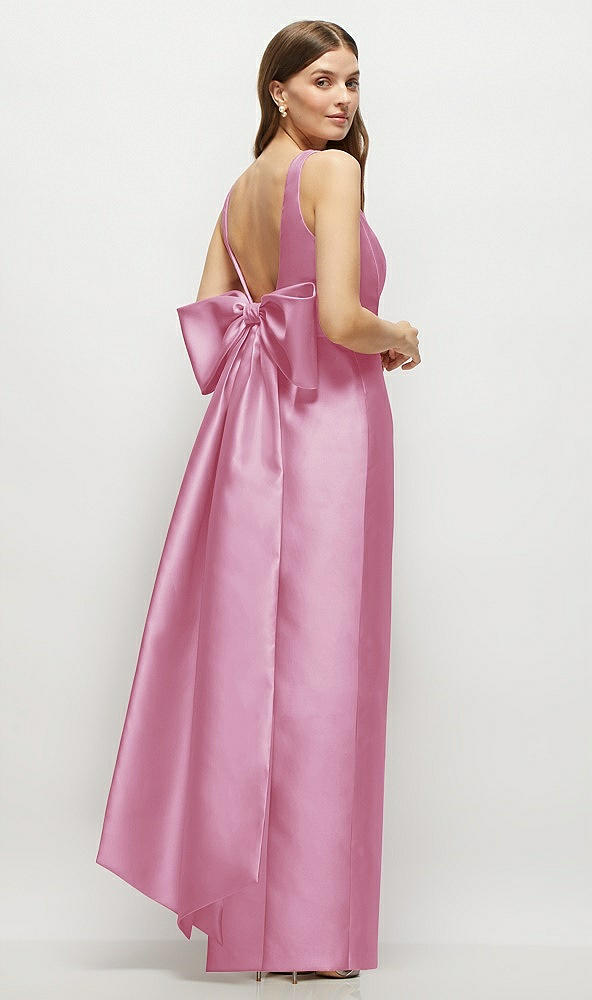 Front View - Powder Pink Scoop Neck Corset Satin Maxi Dress with Floor-Length Bow Tails
