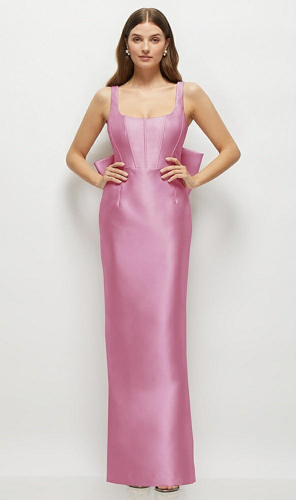 Back View - Powder Pink Scoop Neck Corset Satin Maxi Dress with Floor-Length Bow Tails