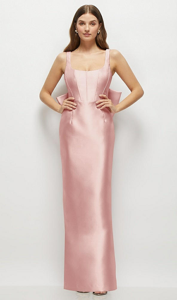 Back View - Rose Scoop Neck Corset Satin Maxi Dress with Floor-Length Bow Tails