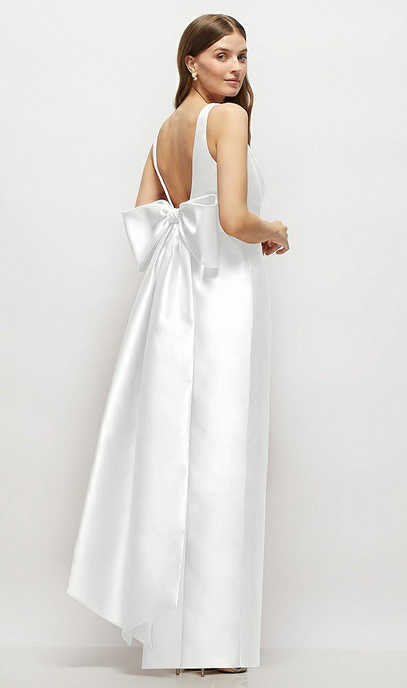 Front View - White Scoop Neck Corset Satin Maxi Dress with Floor-Length Bow Tails