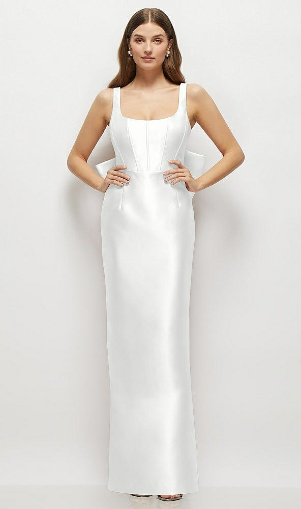 Back View - White Scoop Neck Corset Satin Maxi Dress with Floor-Length Bow Tails