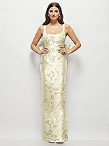 Front View Thumbnail - Butter Yellow Floral Floral Scoop Neck Corset Satin Maxi Dress with Floor-Length Bow Tails