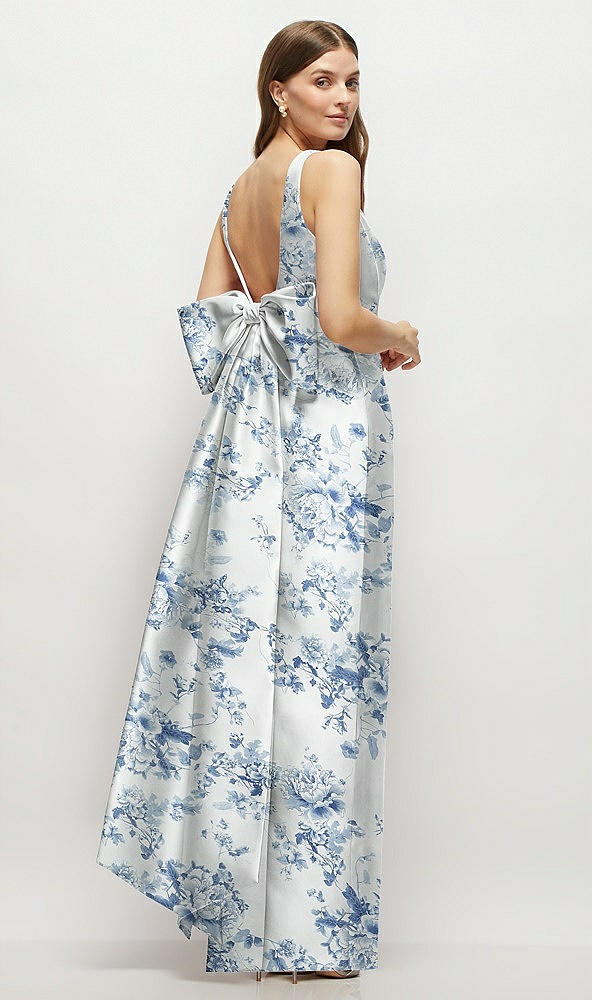 Back View - Cottage Rose Larkspur Floral Scoop Neck Corset Satin Maxi Dress with Floor-Length Bow Tails
