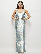 Front View Thumbnail - Porcelain Blue Seraphina Floral Floral Scoop Neck Corset Satin Maxi Dress with Floor-Length Bow Tails