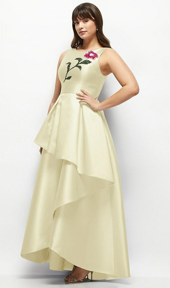 Front View - Butter Yellow Beaded Floral Bodice Satin Maxi Dress with Layered Ballgown Skirt