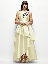 Side View Thumbnail - Butter Yellow Beaded Floral Bodice Satin Maxi Dress with Layered Ballgown Skirt