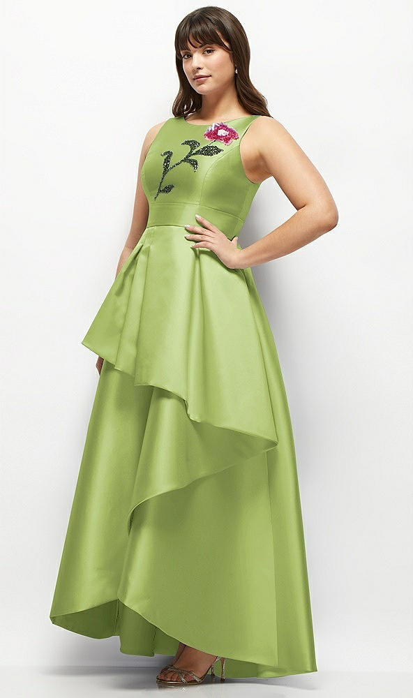 Front View - Mojito Beaded Floral Bodice Satin Maxi Dress with Layered Ballgown Skirt