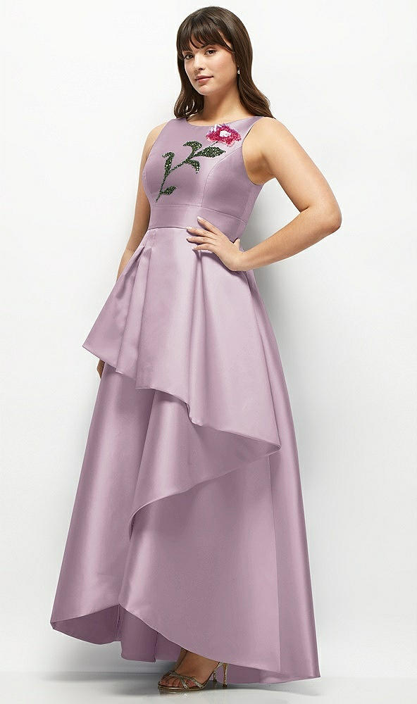 Front View - Suede Rose Beaded Floral Bodice Satin Maxi Dress with Layered Ballgown Skirt
