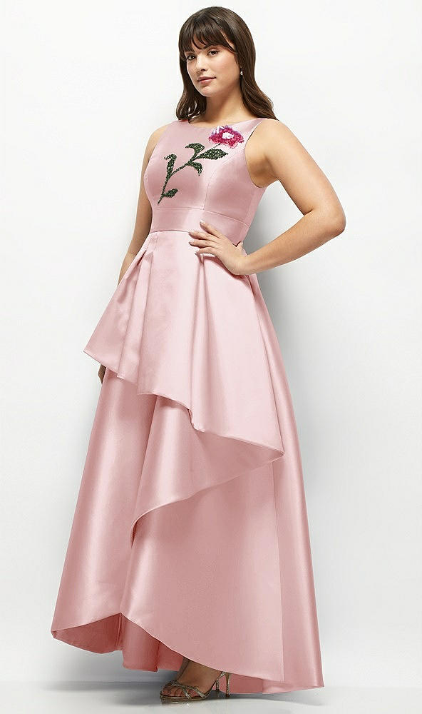 Front View - Ballet Pink Beaded Floral Bodice Satin Maxi Dress with Layered Ballgown Skirt
