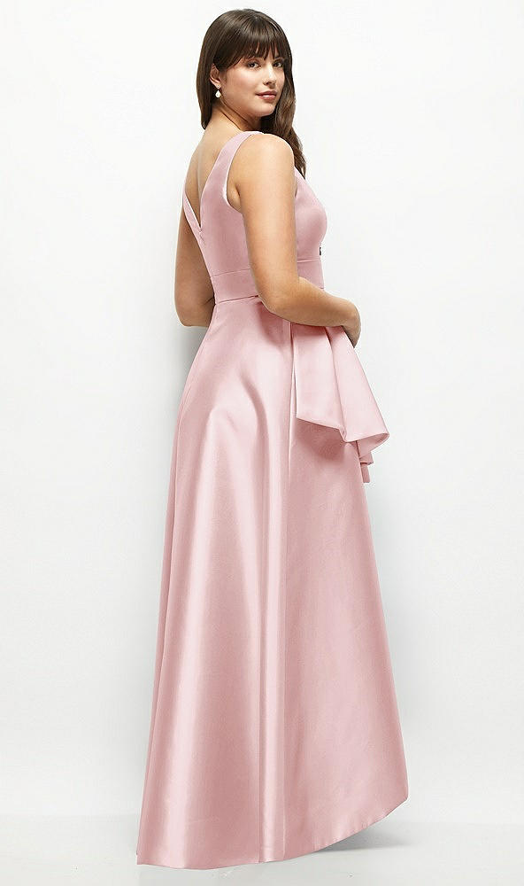 Back View - Ballet Pink Beaded Floral Bodice Satin Maxi Dress with Layered Ballgown Skirt