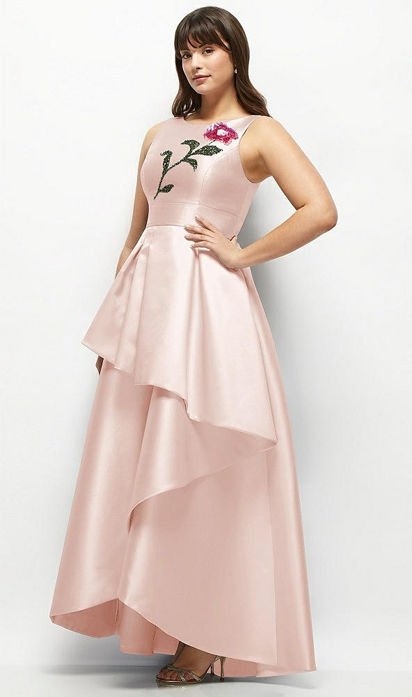 Front View - Blush Beaded Floral Bodice Satin Maxi Dress with Layered Ballgown Skirt