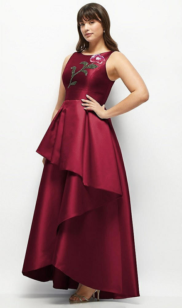 Front View - Burgundy Beaded Floral Bodice Satin Maxi Dress with Layered Ballgown Skirt