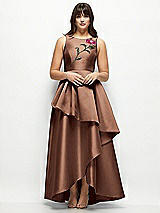 Side View Thumbnail - Cognac Beaded Floral Bodice Satin Maxi Dress with Layered Ballgown Skirt