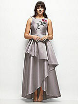 Side View Thumbnail - Cashmere Gray Beaded Floral Bodice Satin Maxi Dress with Layered Ballgown Skirt