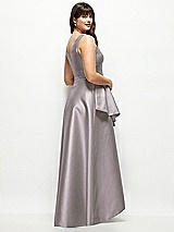 Rear View Thumbnail - Cashmere Gray Beaded Floral Bodice Satin Maxi Dress with Layered Ballgown Skirt