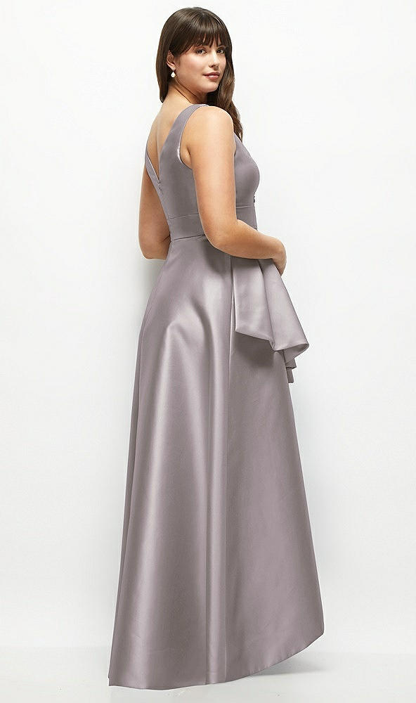 Back View - Cashmere Gray Beaded Floral Bodice Satin Maxi Dress with Layered Ballgown Skirt