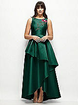 Side View Thumbnail - Hunter Green Beaded Floral Bodice Satin Maxi Dress with Layered Ballgown Skirt