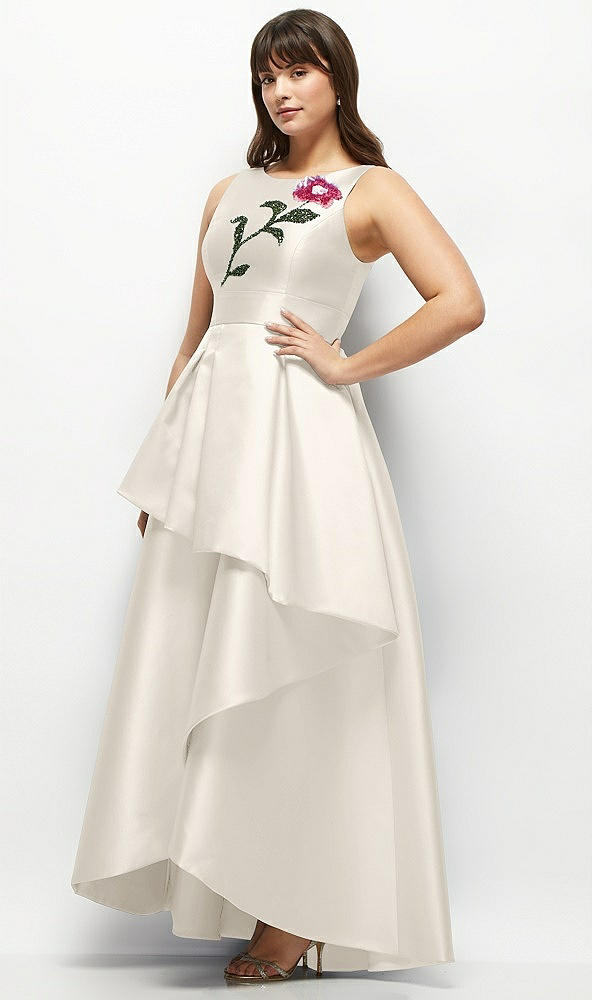 Front View - Ivory Beaded Floral Bodice Satin Maxi Dress with Layered Ballgown Skirt
