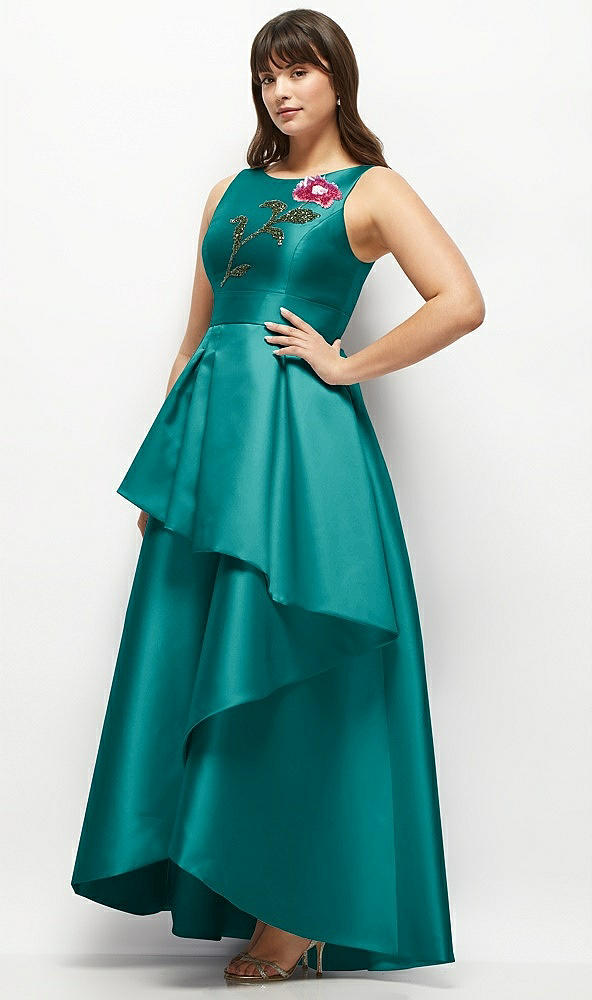 Front View - Jade Beaded Floral Bodice Satin Maxi Dress with Layered Ballgown Skirt