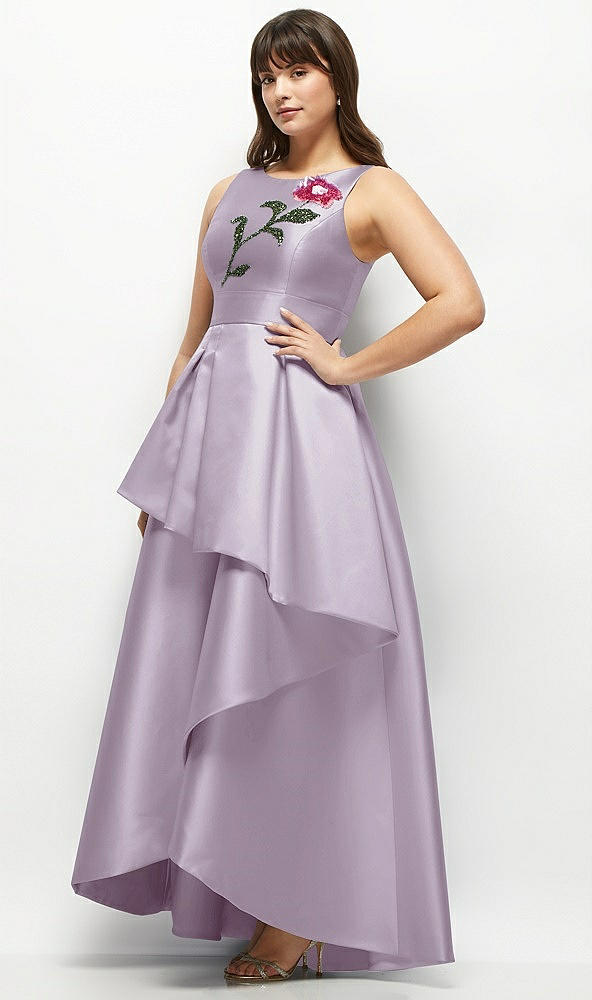 Front View - Lilac Haze Beaded Floral Bodice Satin Maxi Dress with Layered Ballgown Skirt