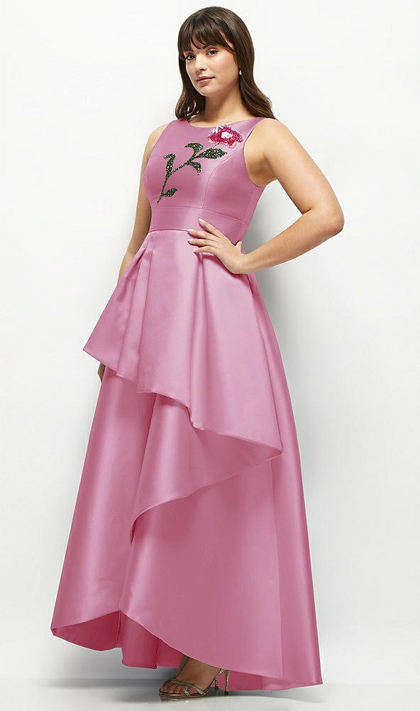 Front View - Powder Pink Beaded Floral Bodice Satin Maxi Dress with Layered Ballgown Skirt