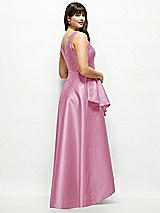 Rear View Thumbnail - Powder Pink Beaded Floral Bodice Satin Maxi Dress with Layered Ballgown Skirt