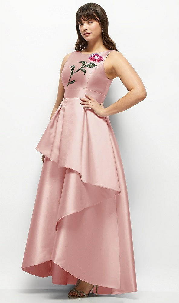 Front View - Rose Beaded Floral Bodice Satin Maxi Dress with Layered Ballgown Skirt