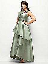 Front View Thumbnail - Sage Beaded Floral Bodice Satin Maxi Dress with Layered Ballgown Skirt