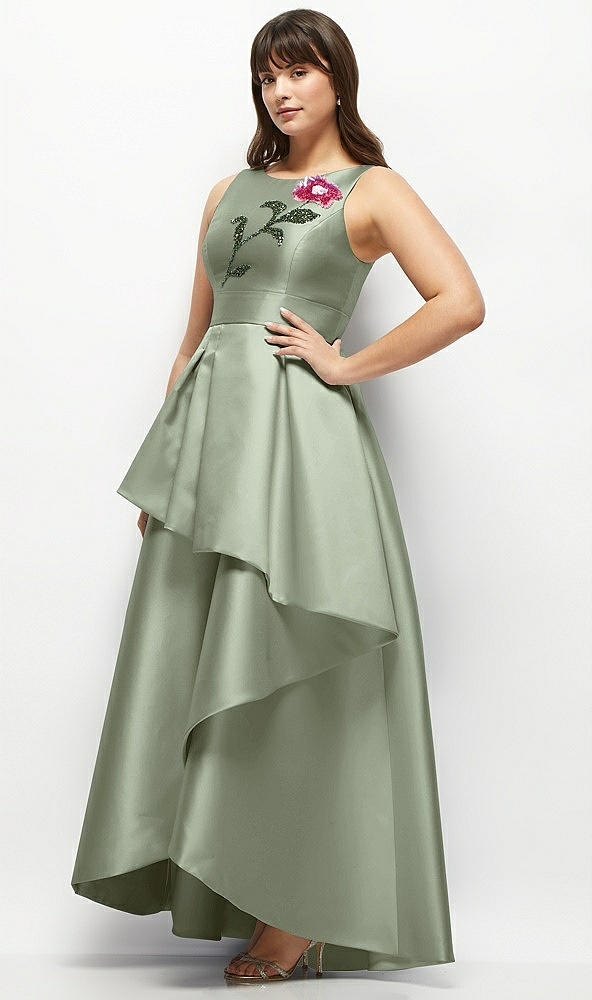 Front View - Sage Beaded Floral Bodice Satin Maxi Dress with Layered Ballgown Skirt