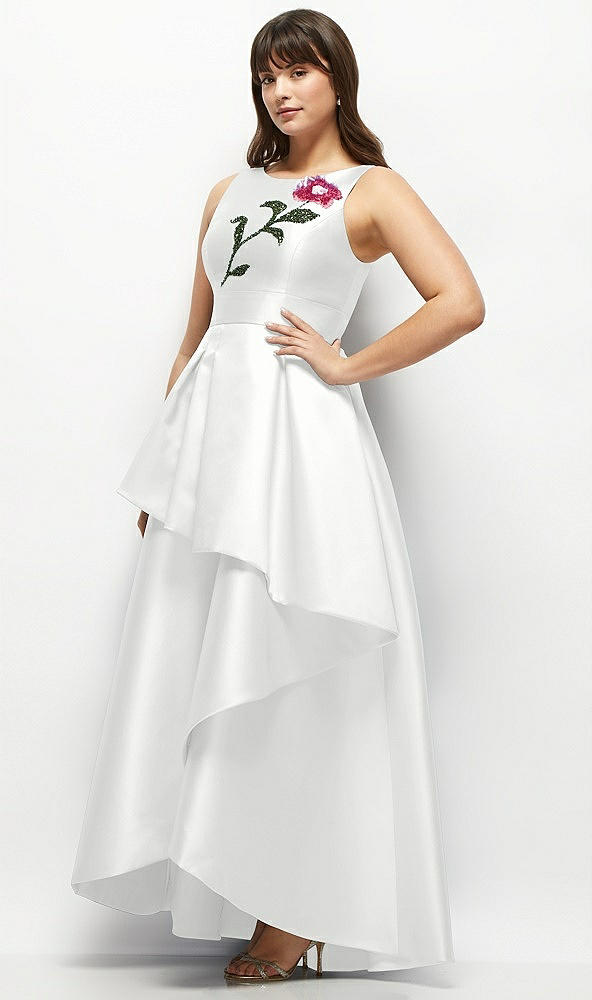 Front View - White Beaded Floral Bodice Satin Maxi Dress with Layered Ballgown Skirt