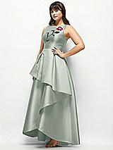 Front View Thumbnail - Willow Green Beaded Floral Bodice Satin Maxi Dress with Layered Ballgown Skirt
