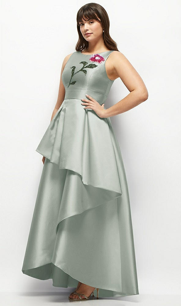 Front View - Willow Green Beaded Floral Bodice Satin Maxi Dress with Layered Ballgown Skirt