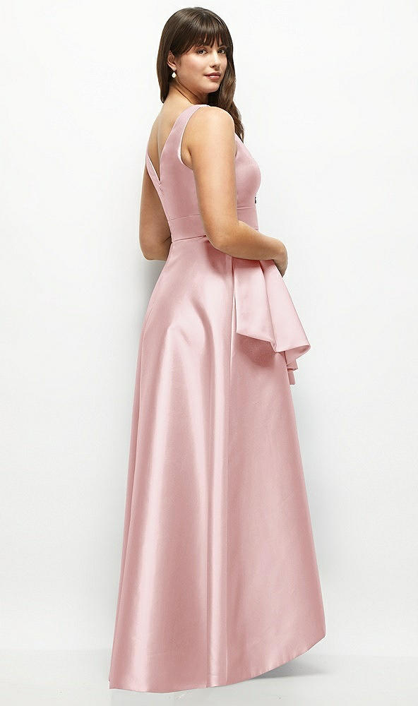 Back View - Ballet Pink Satin Maxi Dress with Asymmetrical Layered Ballgown Skirt