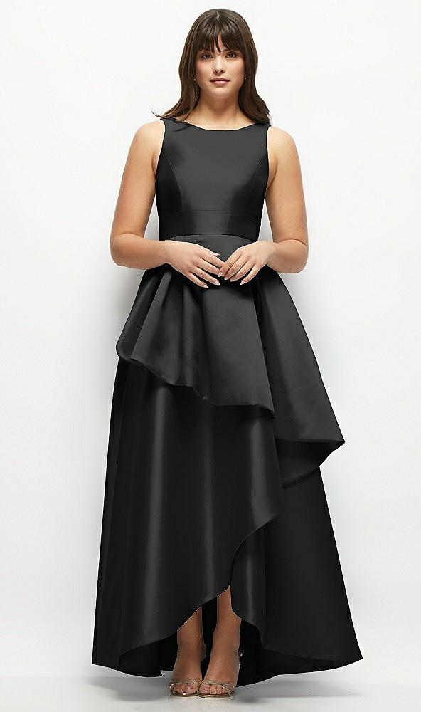 Front View - Black Satin Maxi Dress with Asymmetrical Layered Ballgown Skirt