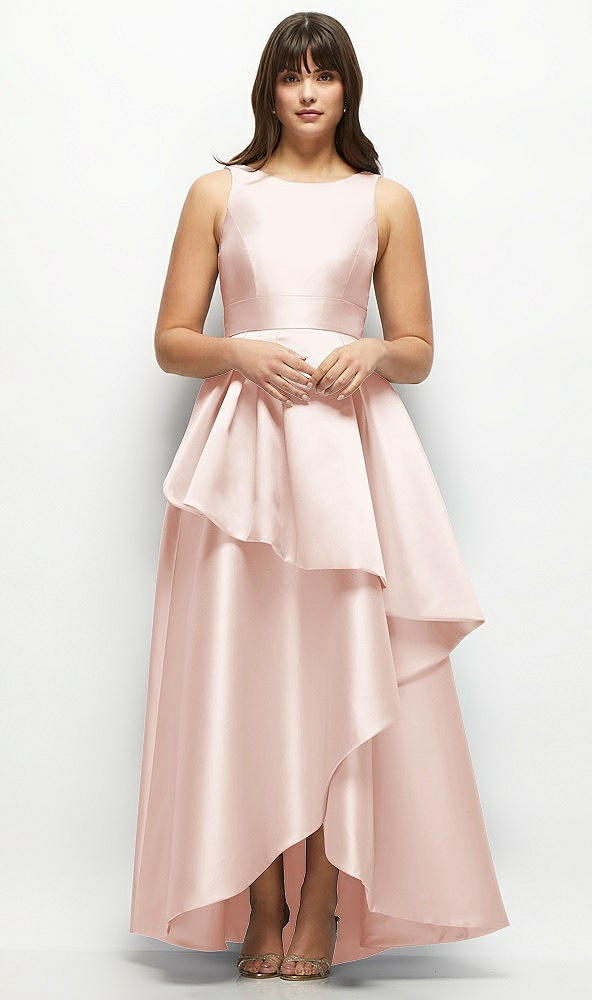 Front View - Blush Satin Maxi Dress with Asymmetrical Layered Ballgown Skirt