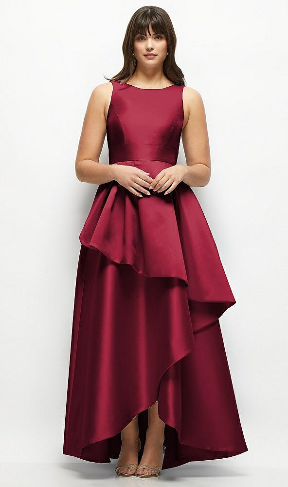 Front View - Burgundy Satin Maxi Dress with Asymmetrical Layered Ballgown Skirt