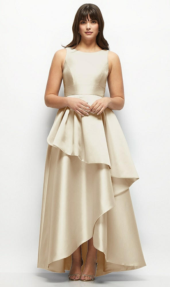Front View - Champagne Satin Maxi Dress with Asymmetrical Layered Ballgown Skirt