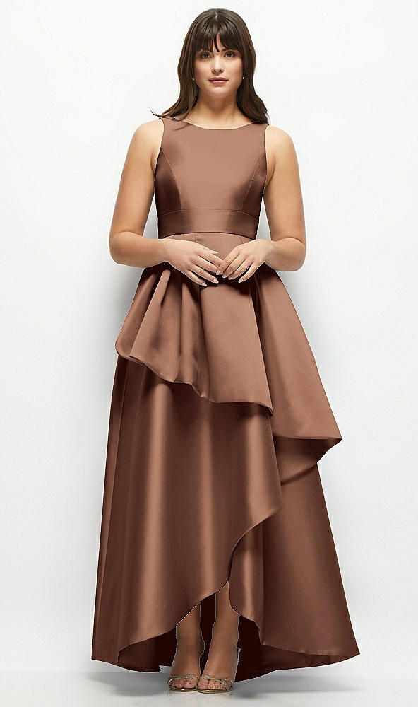 Front View - Cognac Satin Maxi Dress with Asymmetrical Layered Ballgown Skirt