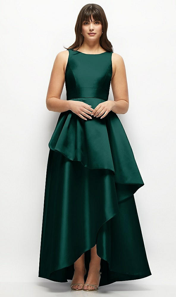 Front View - Evergreen Satin Maxi Dress with Asymmetrical Layered Ballgown Skirt
