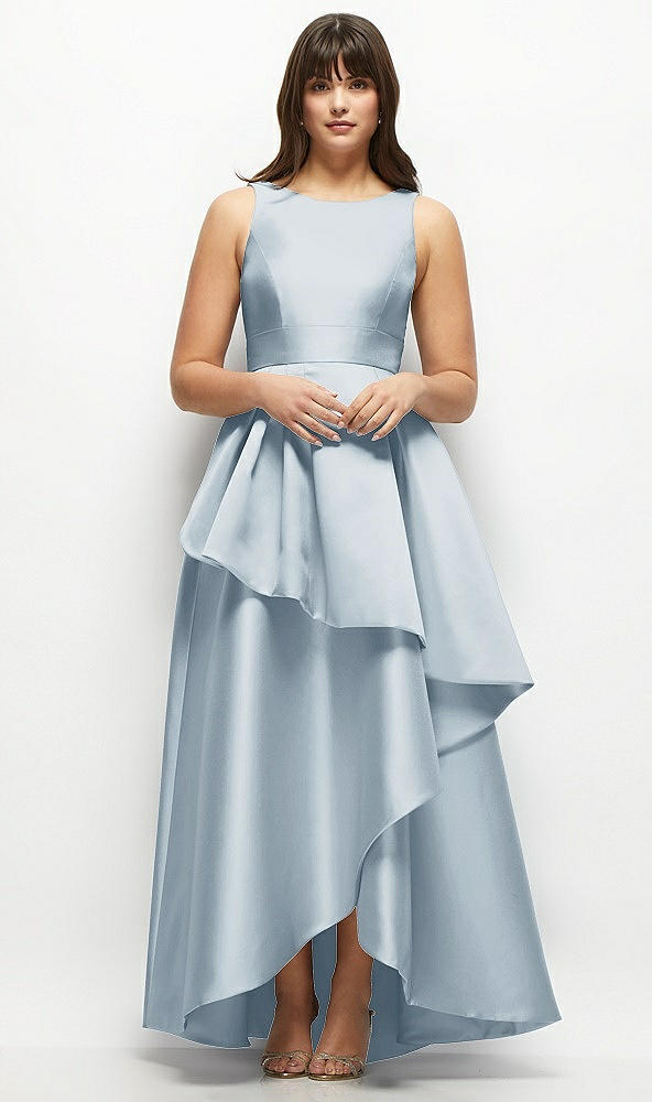 Front View - Mist Satin Maxi Dress with Asymmetrical Layered Ballgown Skirt