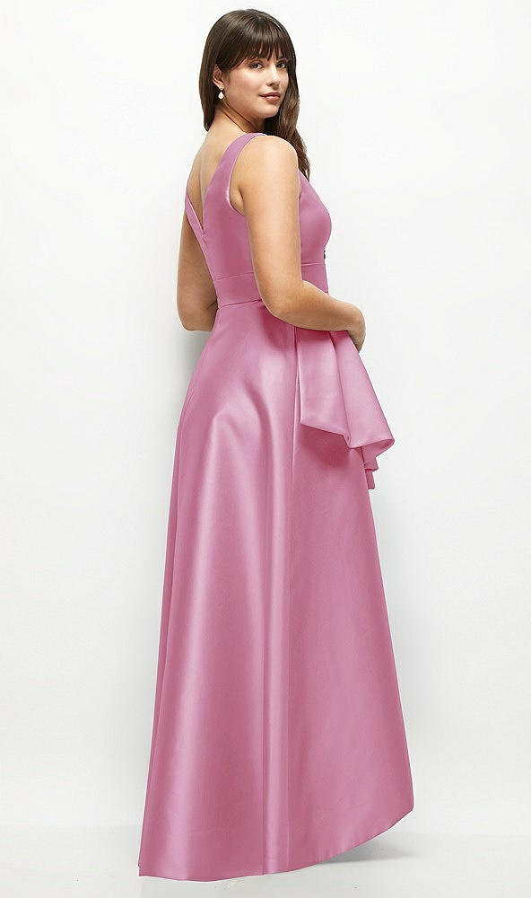 Back View - Powder Pink Satin Maxi Dress with Asymmetrical Layered Ballgown Skirt