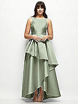 Front View Thumbnail - Sage Satin Maxi Dress with Asymmetrical Layered Ballgown Skirt