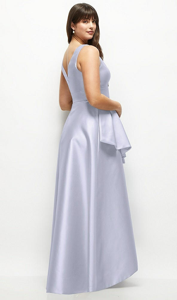 Back View - Silver Dove Satin Maxi Dress with Asymmetrical Layered Ballgown Skirt