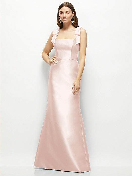 Satin Fit and Flare Maxi Dress with Shoulder Bows