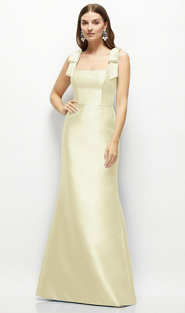 Front View - Butter Yellow Satin Fit and Flare Maxi Dress with Shoulder Bows