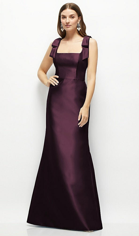 Front View - Deep Plum Satin Fit and Flare Maxi Dress with Shoulder Bows