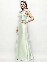 Side View Thumbnail - Mint Green Satin Fit and Flare Maxi Dress with Shoulder Bows