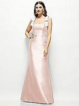 Front View Thumbnail - Blush Satin Fit and Flare Maxi Dress with Shoulder Bows